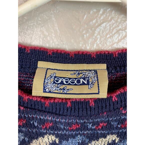 Sasson Vintage Womens Sweater Blue White Crew Neck Size Large Made in USA - Picture 2 of 4